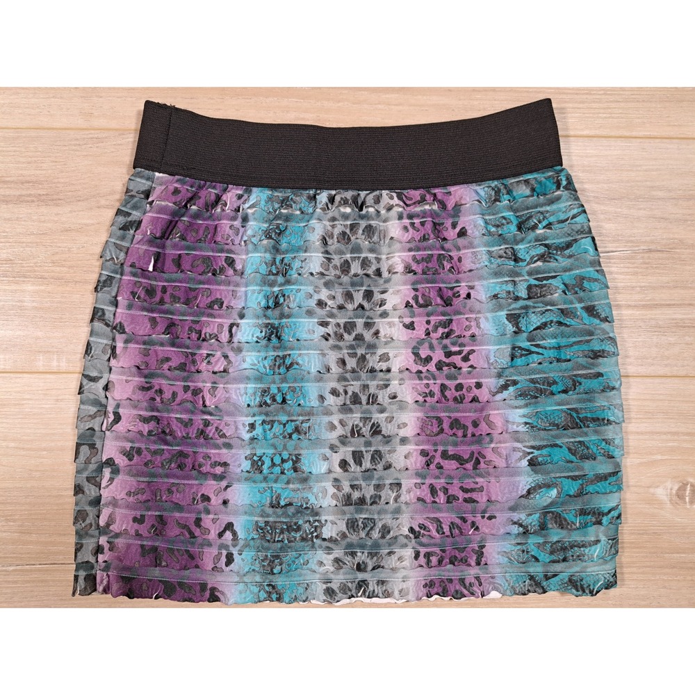 L8ter Later Tiered Ruffle Mini Skirt Womens Small Ombre Animal Print Purple Teal